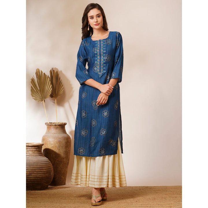 FASHOR Blue Printed and Embroidered Straight Fit Kurta