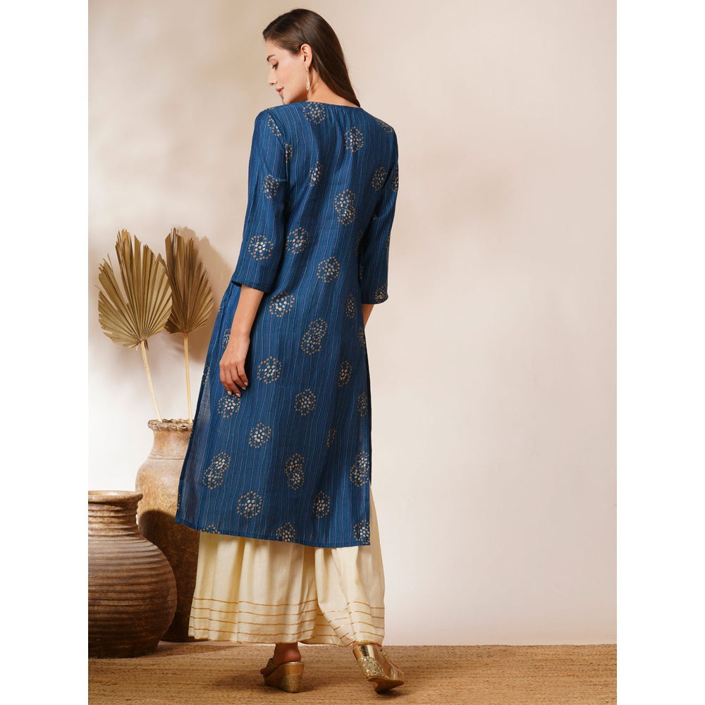 FASHOR Blue Printed and Embroidered Straight Fit Kurta