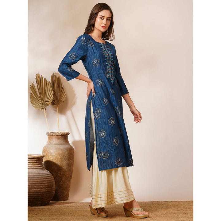 FASHOR Blue Printed and Embroidered Straight Fit Kurta