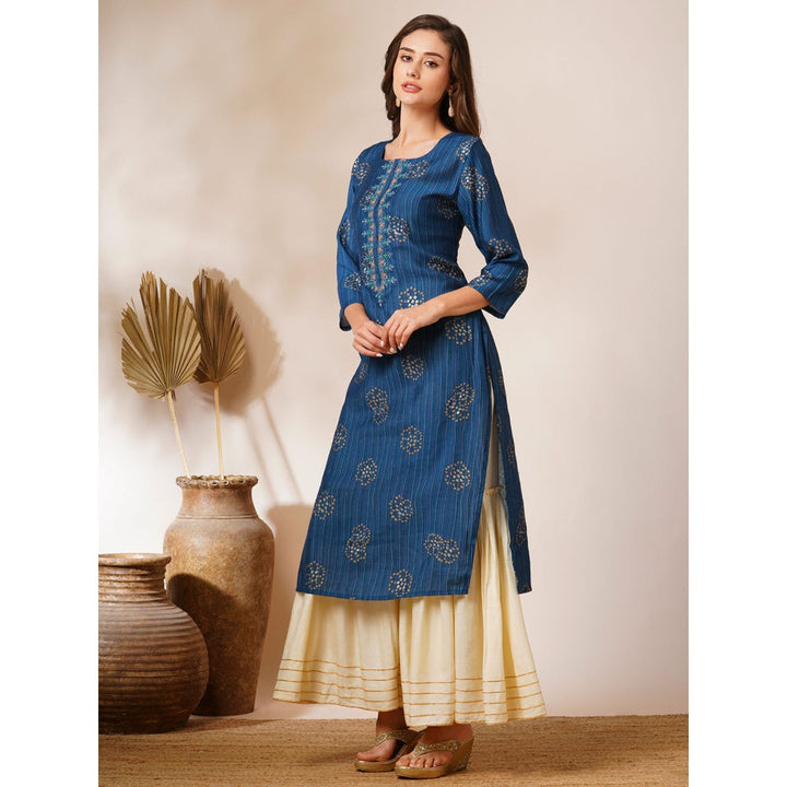 FASHOR Blue Printed and Embroidered Straight Fit Kurta