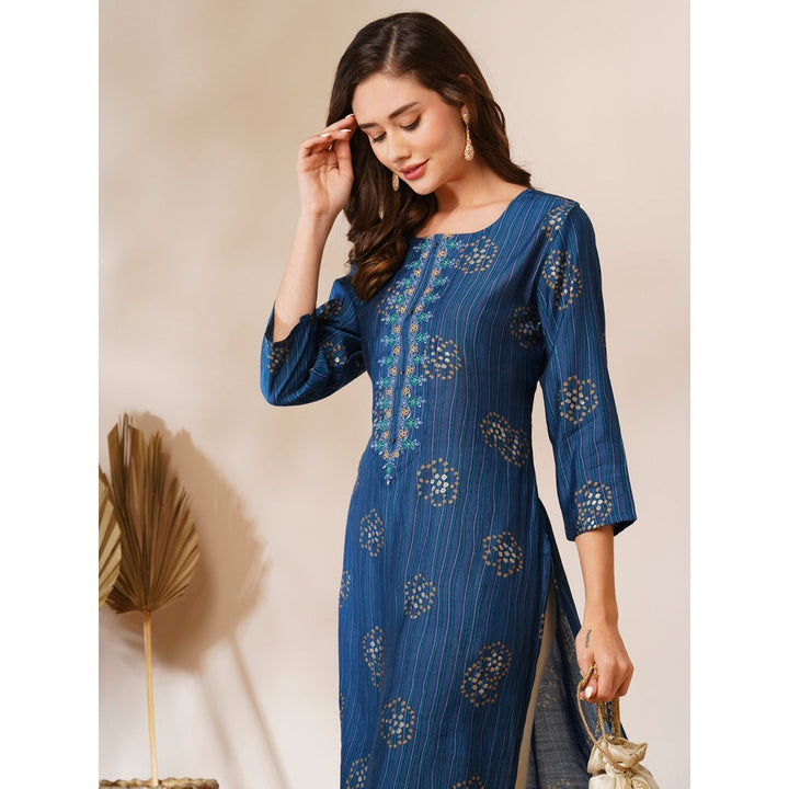 FASHOR Blue Printed and Embroidered Straight Fit Kurta