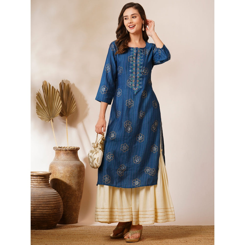 FASHOR Blue Printed and Embroidered Straight Fit Kurta