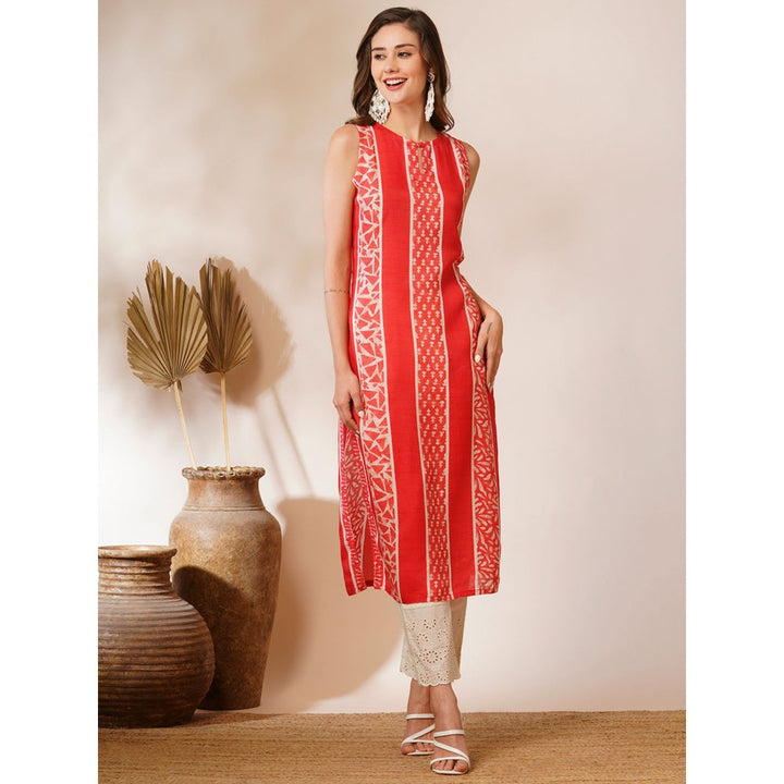 FASHOR Red Ethnic Printed Straight Fit Kurta