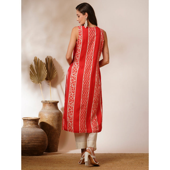 FASHOR Red Ethnic Printed Straight Fit Kurta