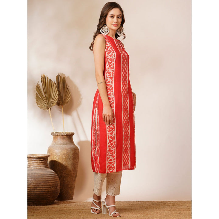 FASHOR Red Ethnic Printed Straight Fit Kurta