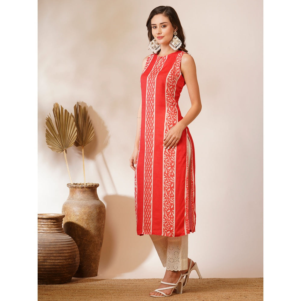 FASHOR Red Ethnic Printed Straight Fit Kurta