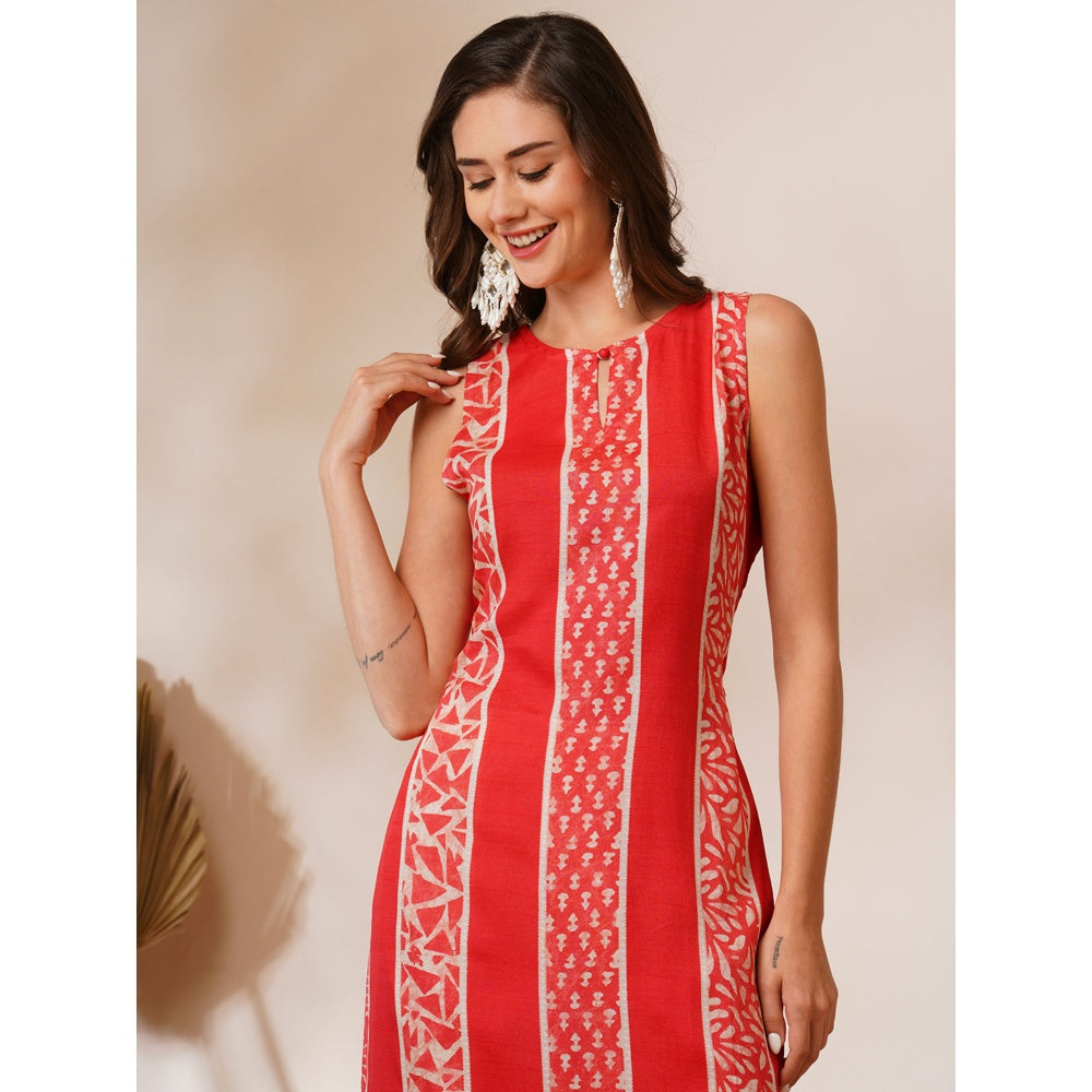 FASHOR Red Ethnic Printed Straight Fit Kurta