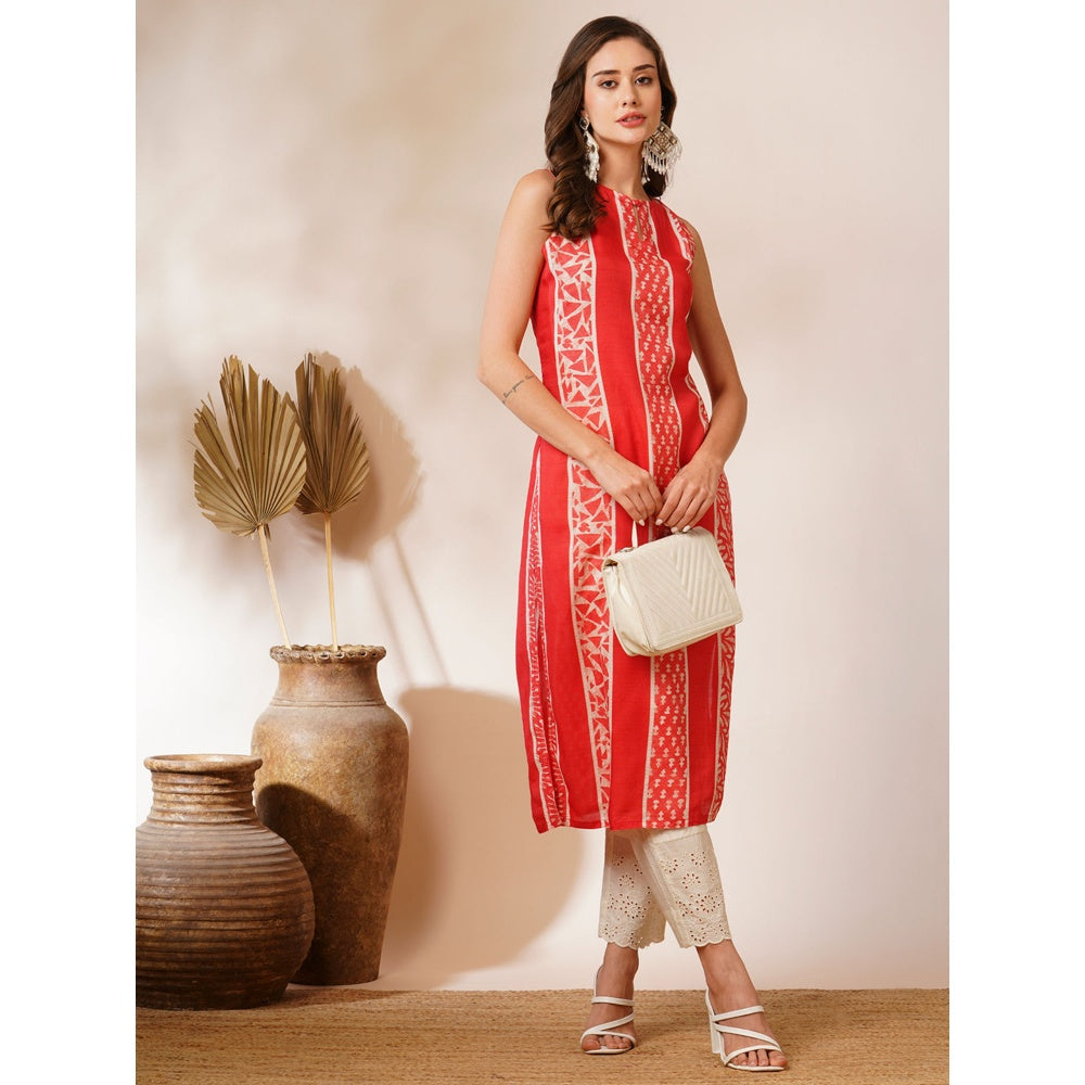 FASHOR Red Ethnic Printed Straight Fit Kurta