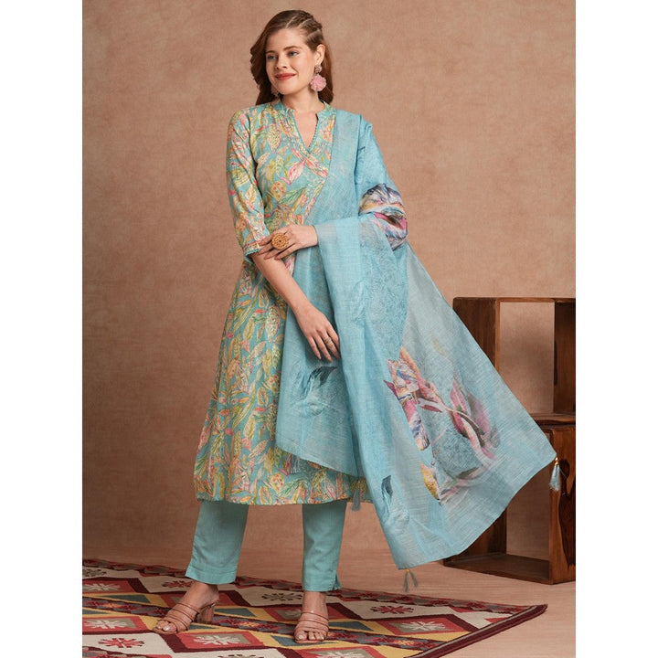 FASHOR Turquoise Floral Foil Printed A-Line Angarkha Kurta with Pant & Dupatta (Set of 3)