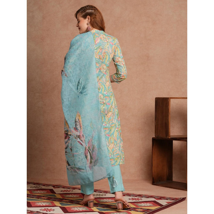 FASHOR Turquoise Floral Foil Printed A-Line Angarkha Kurta with Pant & Dupatta (Set of 3)