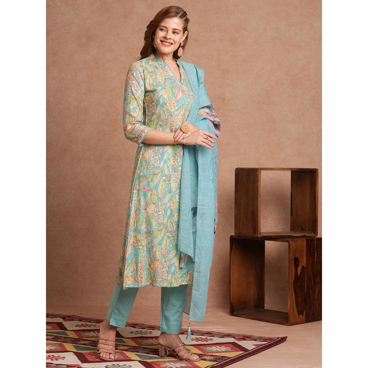 FASHOR Turquoise Floral Foil Printed A-Line Angarkha Kurta with Pant & Dupatta (Set of 3)