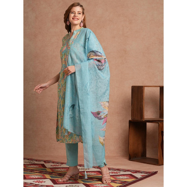 FASHOR Turquoise Floral Foil Printed A-Line Angarkha Kurta with Pant & Dupatta (Set of 3)