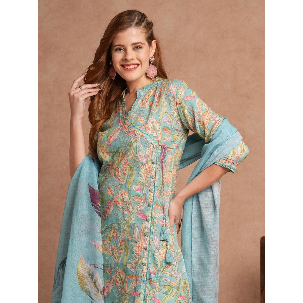 FASHOR Turquoise Floral Foil Printed A-Line Angarkha Kurta with Pant & Dupatta (Set of 3)