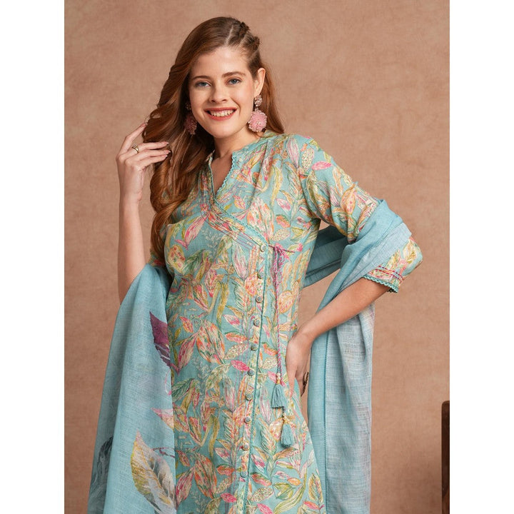 FASHOR Turquoise Floral Foil Printed A-Line Angarkha Kurta with Pant & Dupatta (Set of 3)