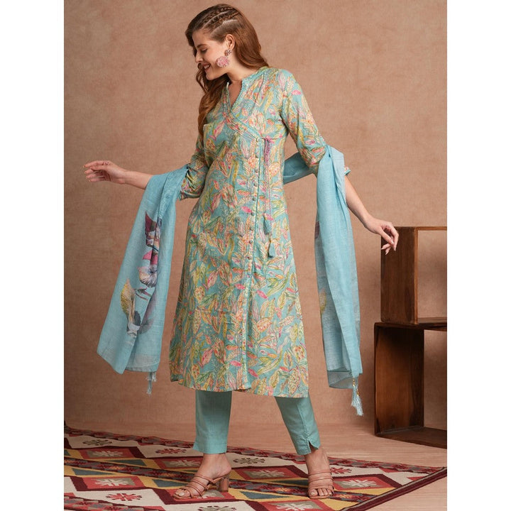 FASHOR Turquoise Floral Foil Printed A-Line Angarkha Kurta with Pant & Dupatta (Set of 3)