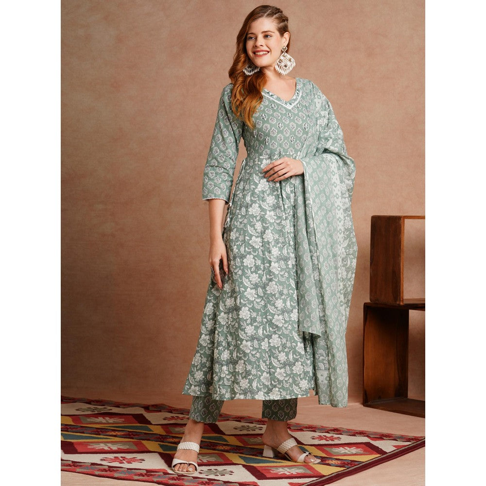 FASHOR Mint Green Floral Printed Anarkali Kurta with Pant & Dupatta (Set of 3)