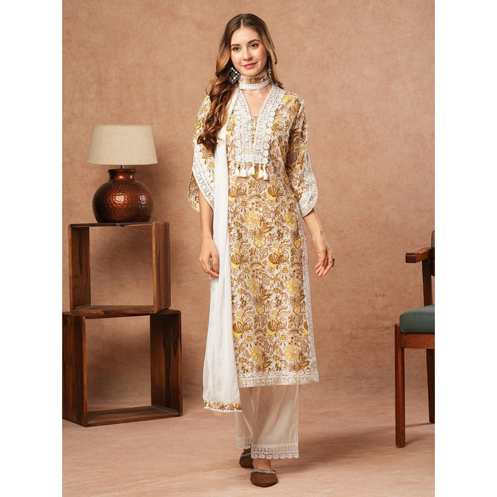 FASHOR Off White Floral Printed Kurta with Pant & Dupatta (Set of 3)