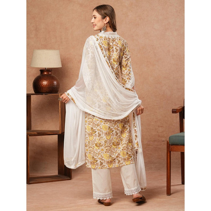 FASHOR Off White Floral Printed Kurta with Pant & Dupatta (Set of 3)