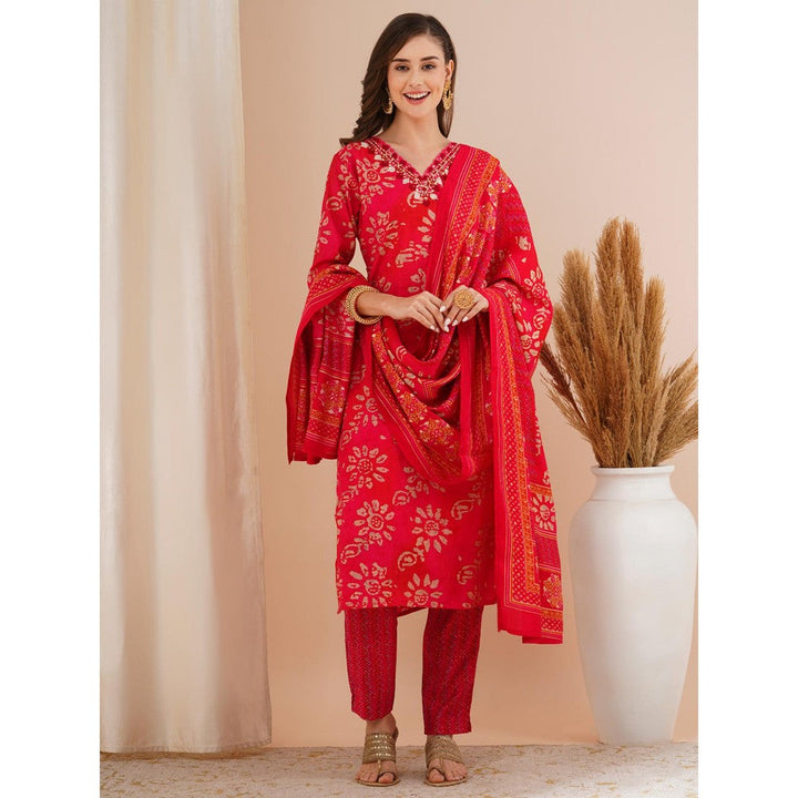 FASHOR Red Printed Mirror Embroidered Straight Kurta with Pant & Dupatta (Set of 3)