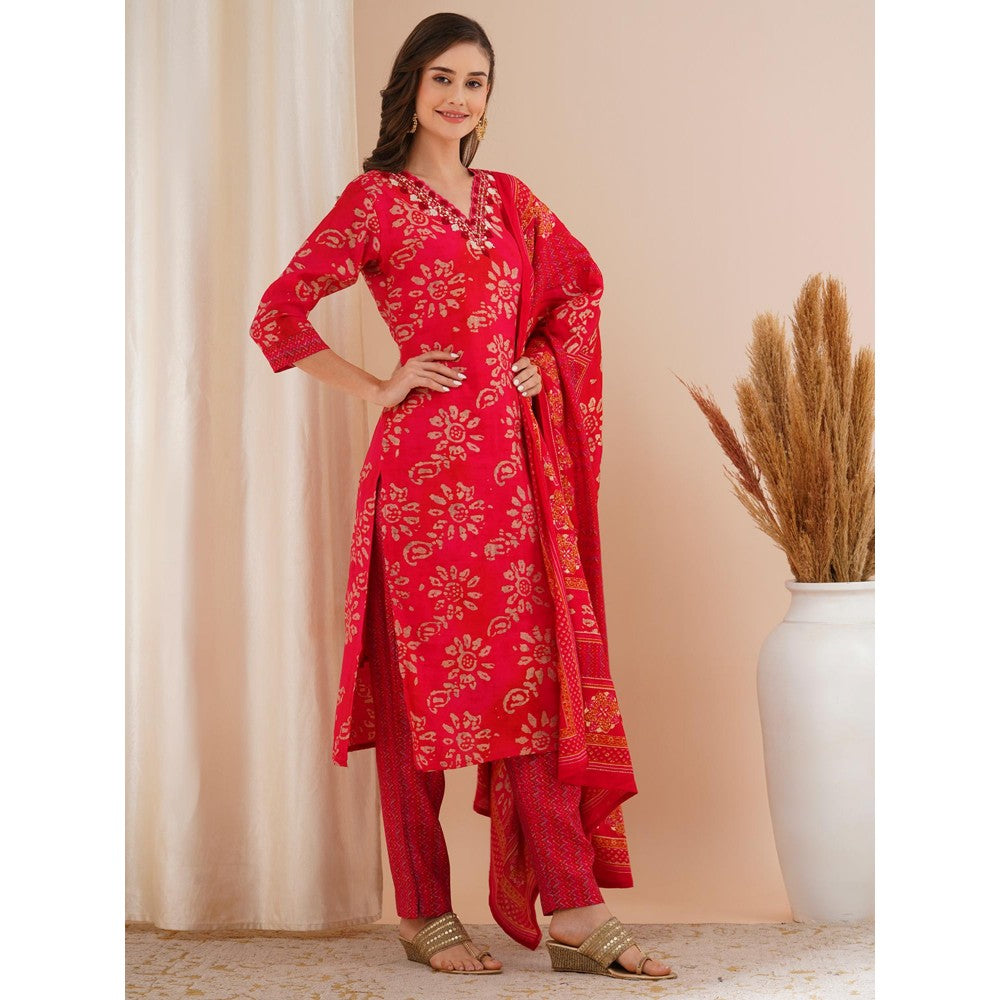 FASHOR Red Printed Mirror Embroidered Straight Kurta with Pant & Dupatta (Set of 3)