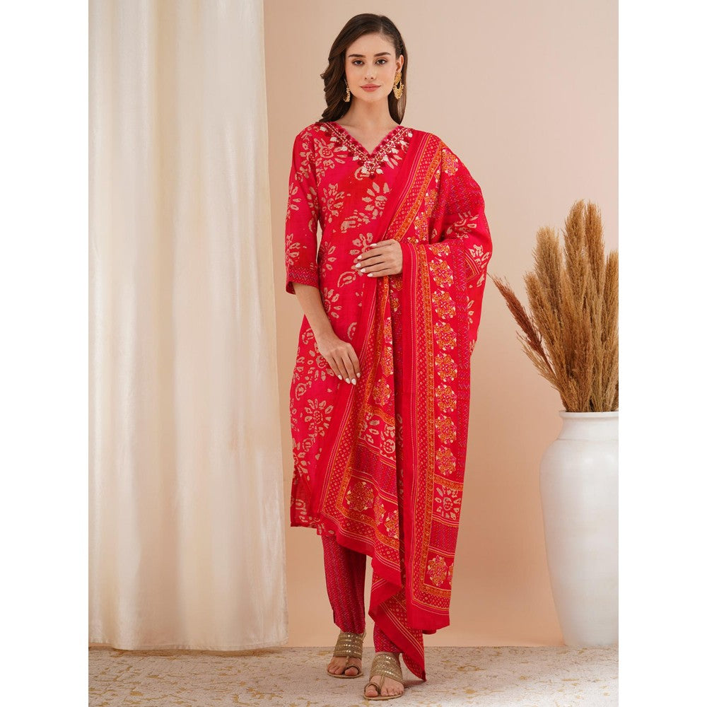 FASHOR Red Printed Mirror Embroidered Straight Kurta with Pant & Dupatta (Set of 3)