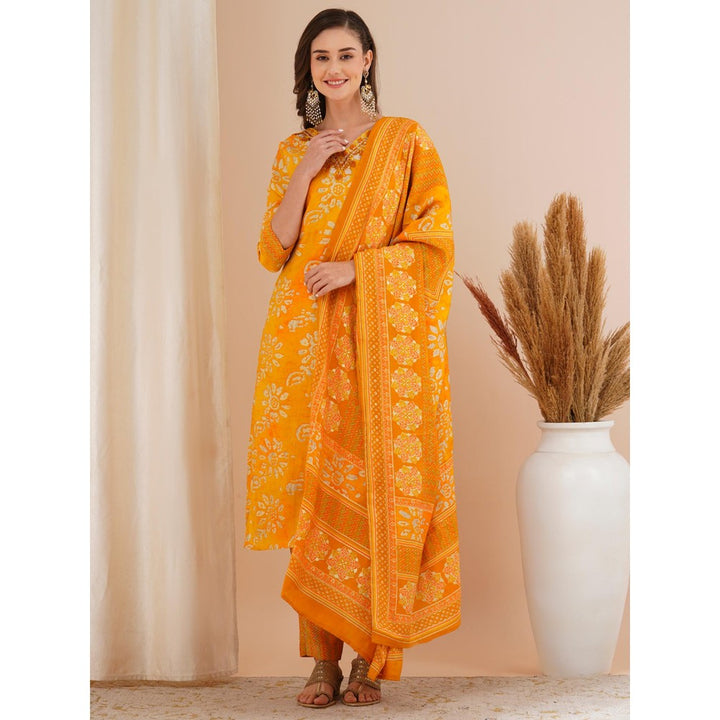 FASHOR Yellow Printed Mirror Embroidered Straight Kurta with Pant & Dupatta (Set of 3)