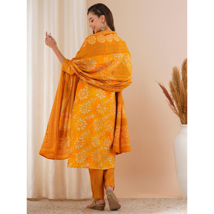 FASHOR Yellow Printed Mirror Embroidered Straight Kurta with Pant & Dupatta (Set of 3)