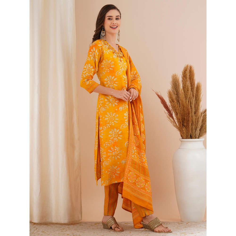 FASHOR Yellow Printed Mirror Embroidered Straight Kurta with Pant & Dupatta (Set of 3)