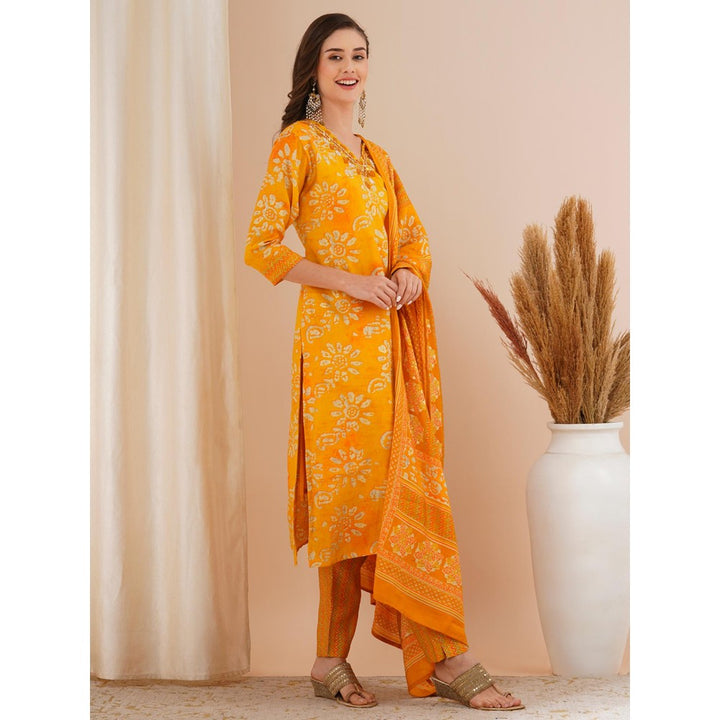 FASHOR Yellow Printed Mirror Embroidered Straight Kurta with Pant & Dupatta (Set of 3)