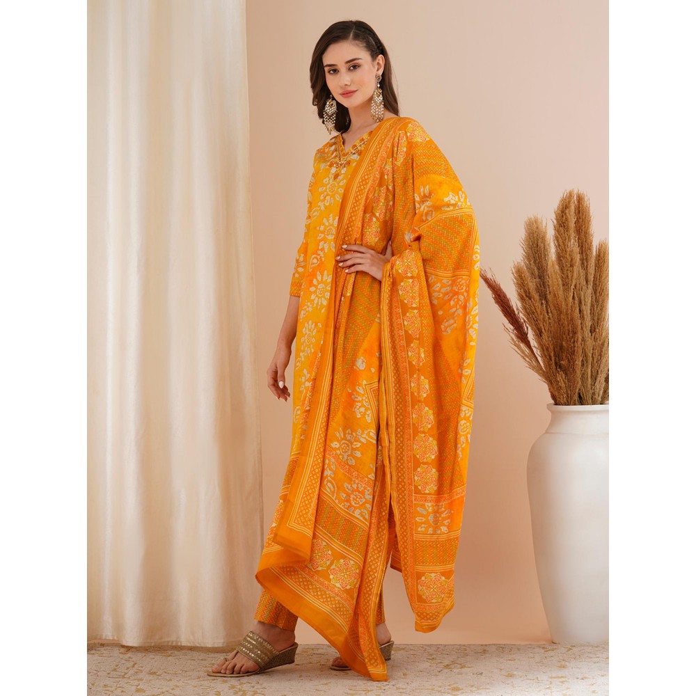 FASHOR Yellow Printed Mirror Embroidered Straight Kurta with Pant & Dupatta (Set of 3)