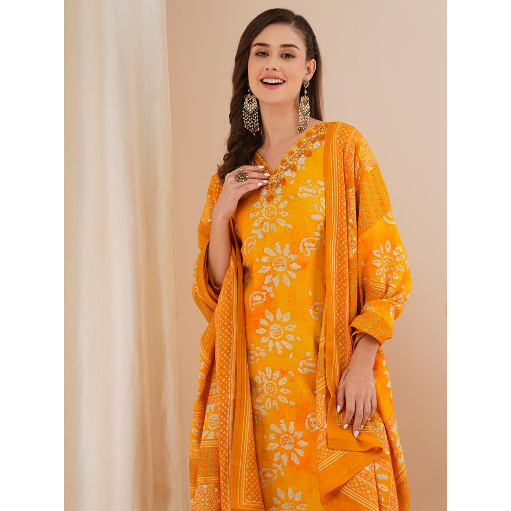 FASHOR Yellow Printed Mirror Embroidered Straight Kurta with Pant & Dupatta (Set of 3)