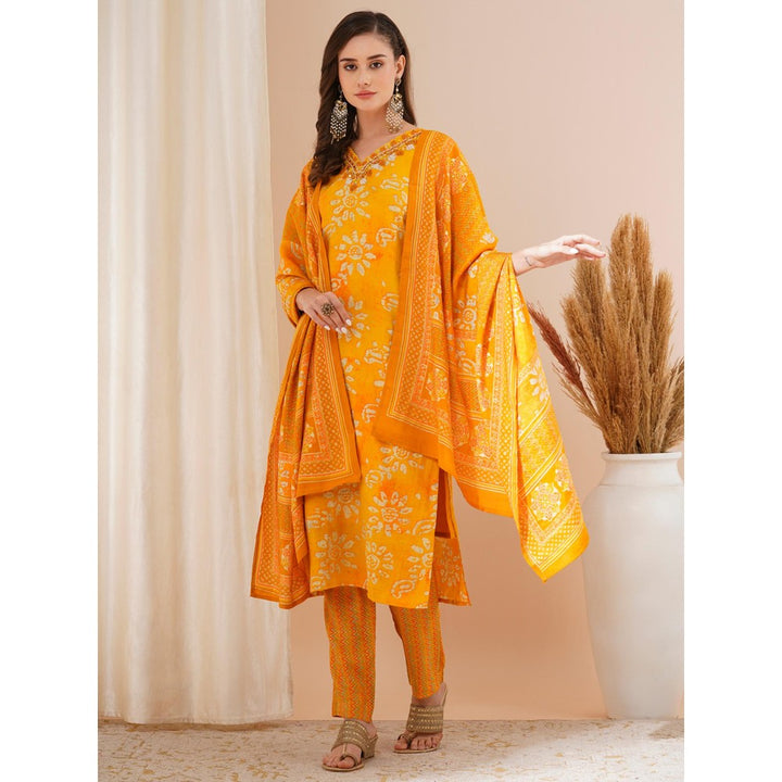 FASHOR Yellow Printed Mirror Embroidered Straight Kurta with Pant & Dupatta (Set of 3)