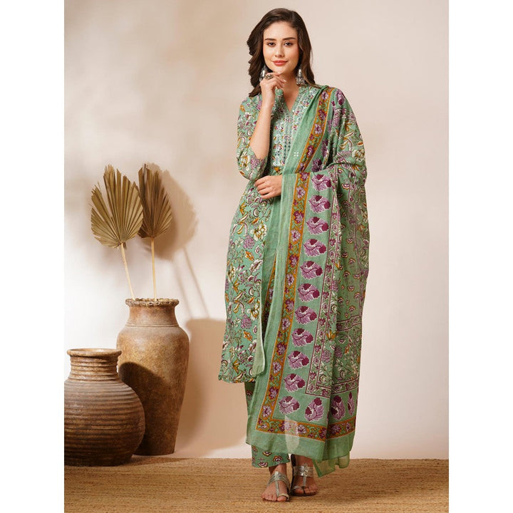 FASHOR Pastel Green Floral Printed Kurta with Pant & Dupatta (Set of 3)