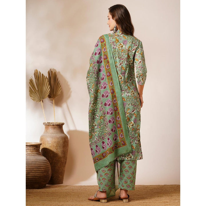 FASHOR Pastel Green Floral Printed Kurta with Pant & Dupatta (Set of 3)