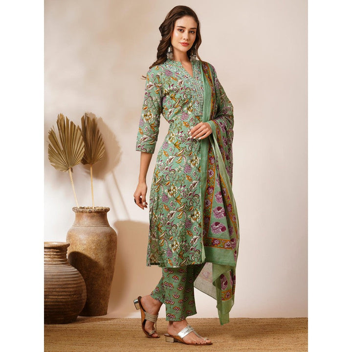 FASHOR Pastel Green Floral Printed Kurta with Pant & Dupatta (Set of 3)