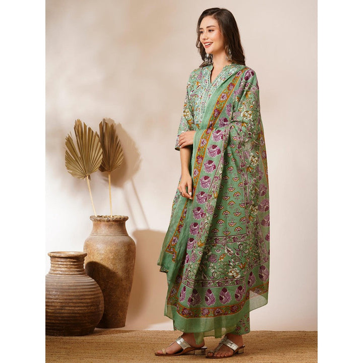 FASHOR Pastel Green Floral Printed Kurta with Pant & Dupatta (Set of 3)