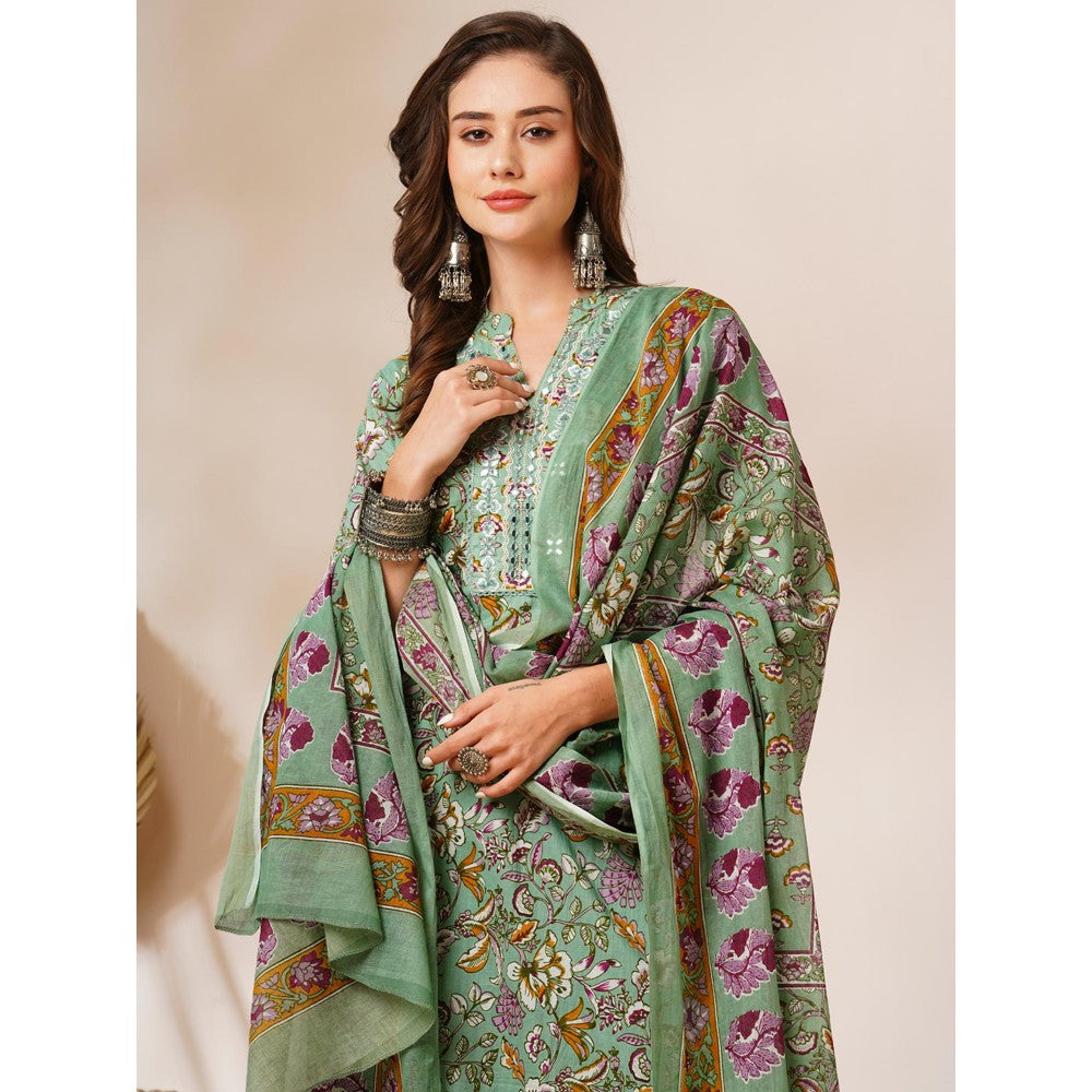 FASHOR Pastel Green Floral Printed Kurta with Pant & Dupatta (Set of 3)