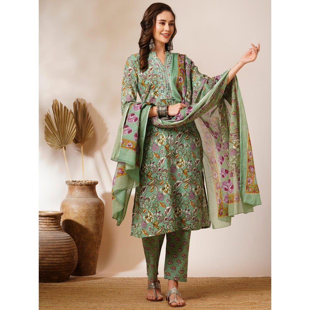 FASHOR Pastel Green Floral Printed Kurta with Pant & Dupatta (Set of 3)