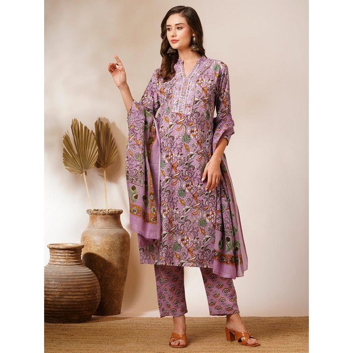 FASHOR Lavender Floral Printed Kurta with Pant & Dupatta (Set of 3)