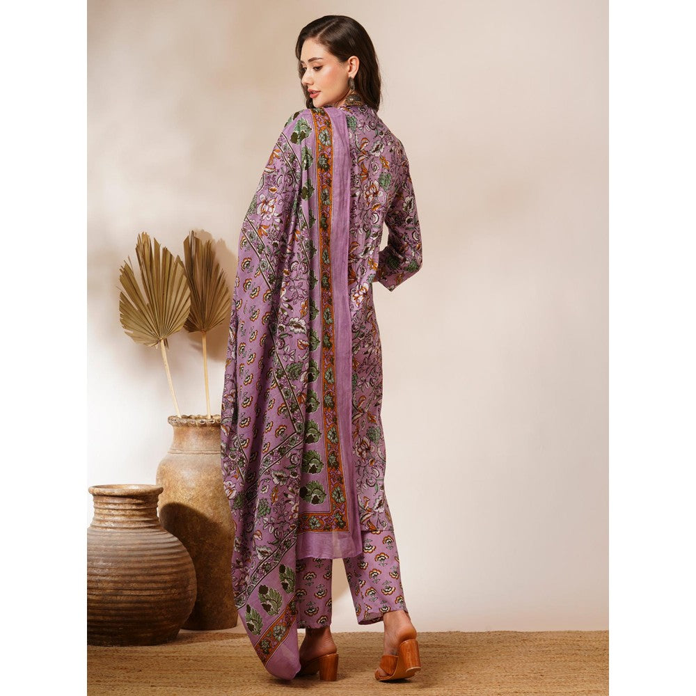 FASHOR Lavender Floral Printed Kurta with Pant & Dupatta (Set of 3)