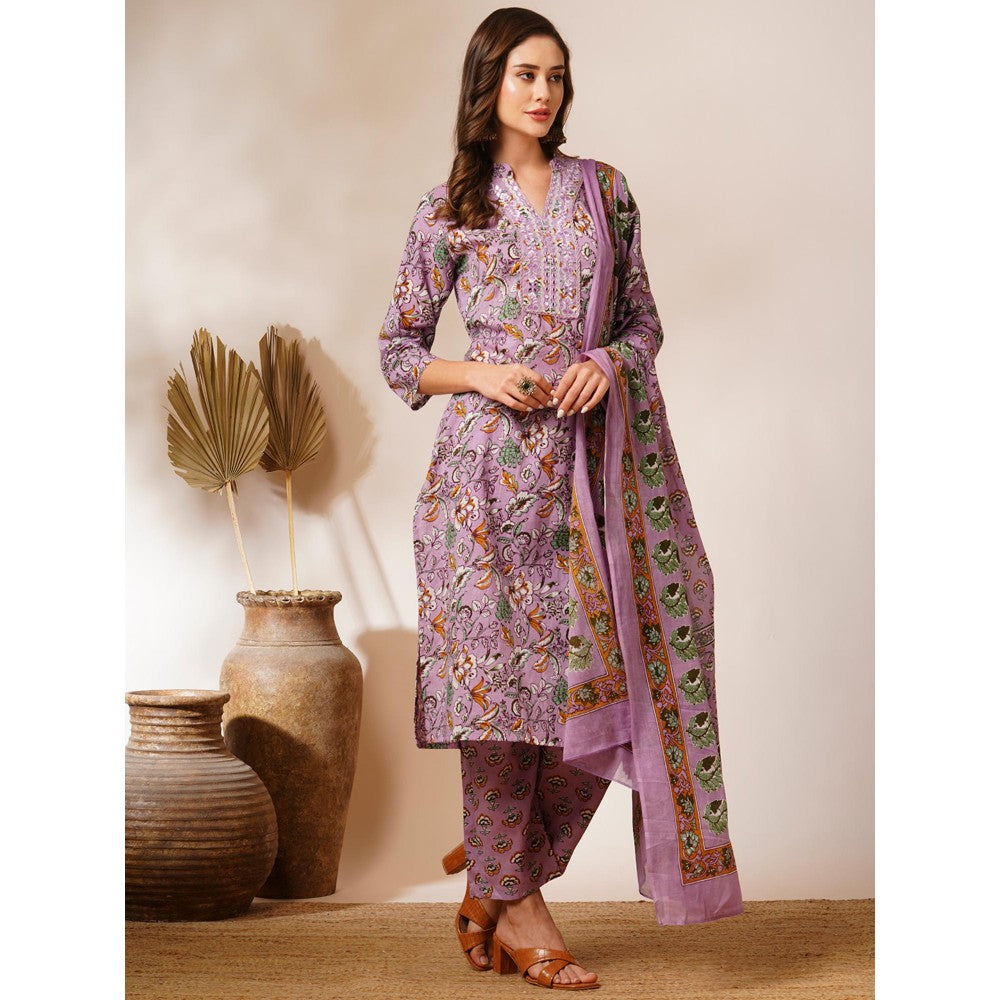 FASHOR Lavender Floral Printed Kurta with Pant & Dupatta (Set of 3)