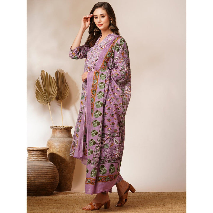 FASHOR Lavender Floral Printed Kurta with Pant & Dupatta (Set of 3)