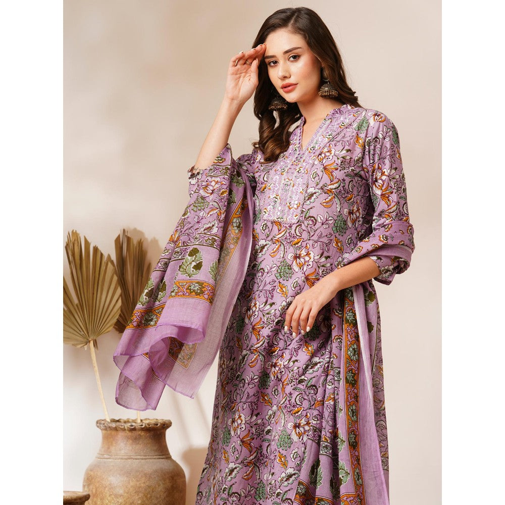 FASHOR Lavender Floral Printed Kurta with Pant & Dupatta (Set of 3)