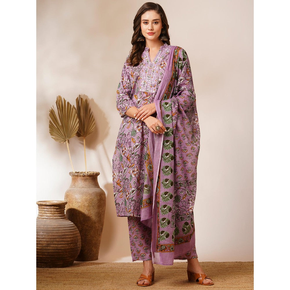 FASHOR Lavender Floral Printed Kurta with Pant & Dupatta (Set of 3)