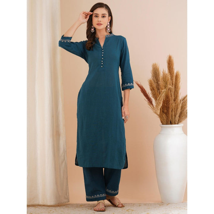 FASHOR Blue Solid Embroidered Kurta with Pant (Set of 2)