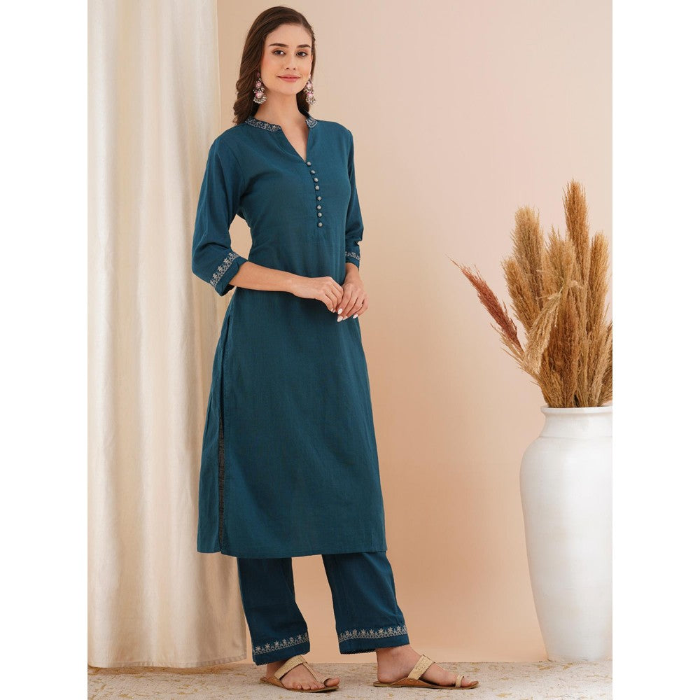 FASHOR Blue Solid Embroidered Kurta with Pant (Set of 2)