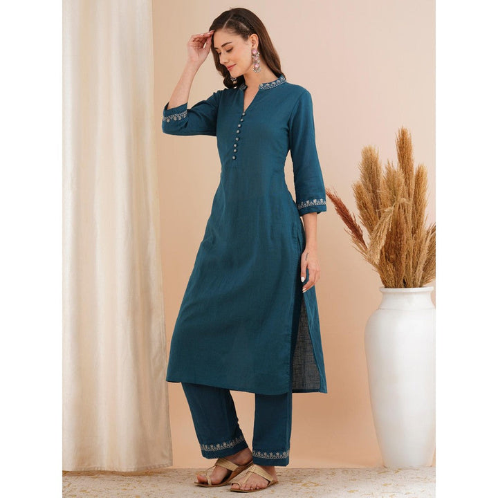 FASHOR Blue Solid Embroidered Kurta with Pant (Set of 2)