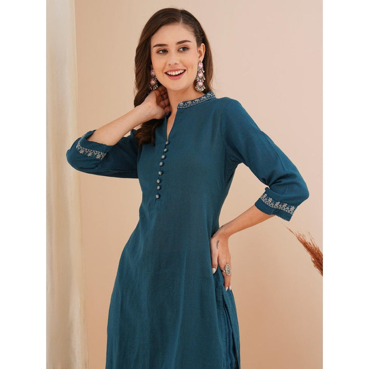 FASHOR Blue Solid Embroidered Kurta with Pant (Set of 2)