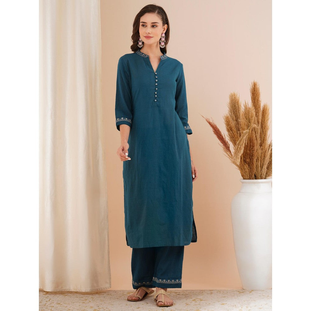 FASHOR Blue Solid Embroidered Kurta with Pant (Set of 2)