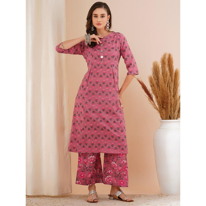 FASHOR Mauve Ethnic Floral Printed A-Line Kurta with Pant (Set of 2)